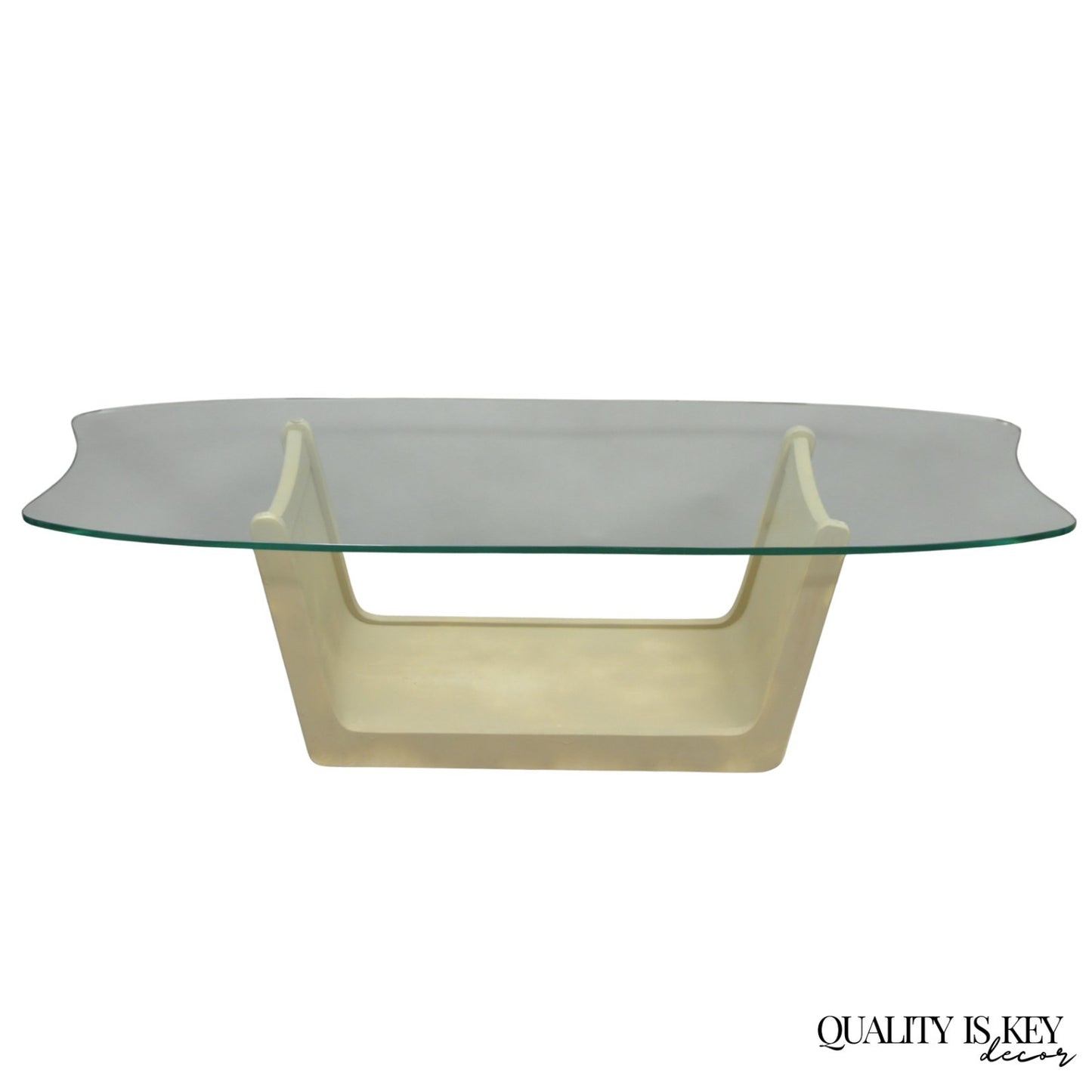 Vintage Mid Century Modern Painted Walnut Waterfall Base Glass Top Coffee Table