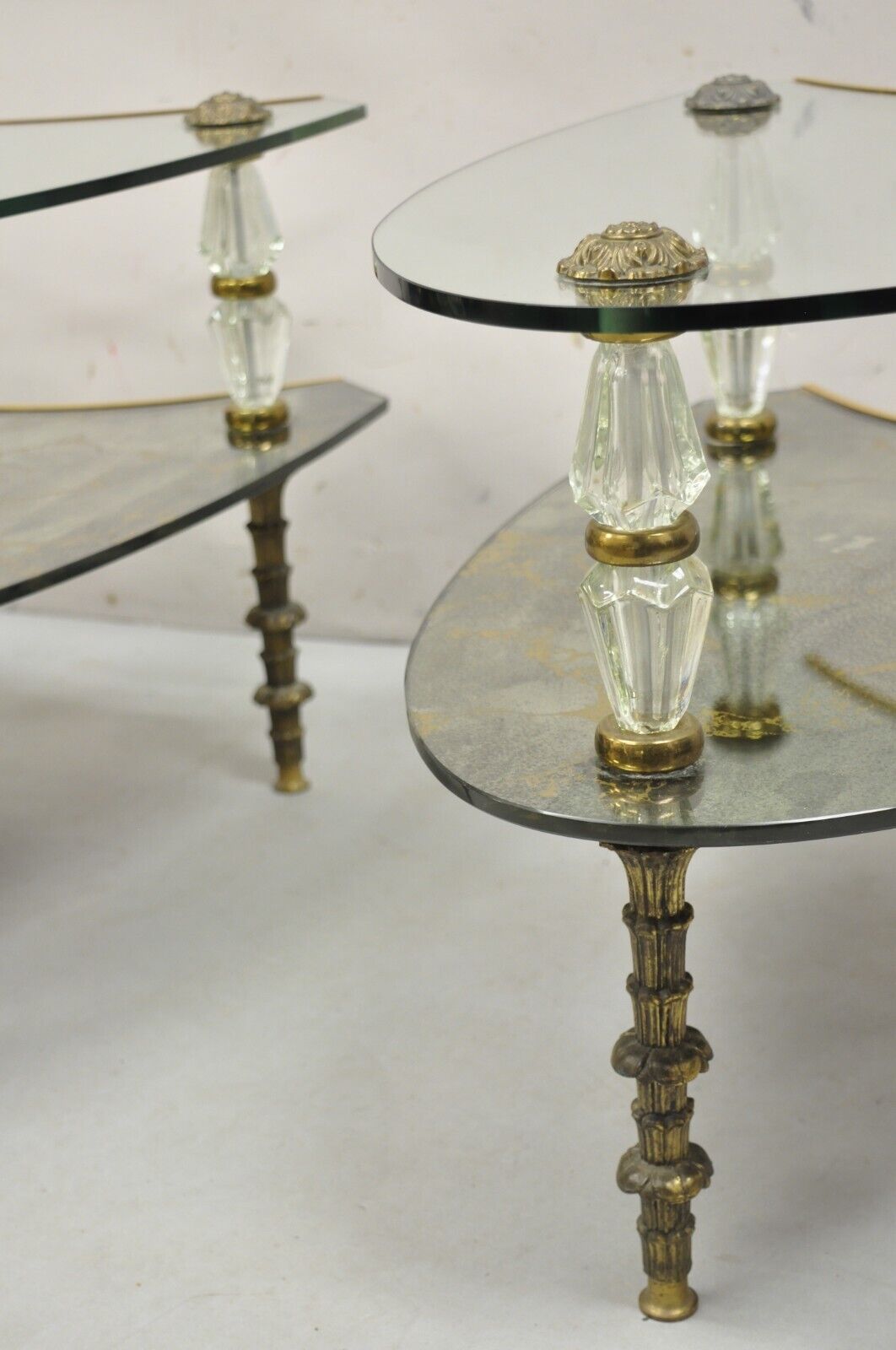 Vintage Hollywood Regency Two Tier Italian Églomisé Glass Side Tables - a Pair