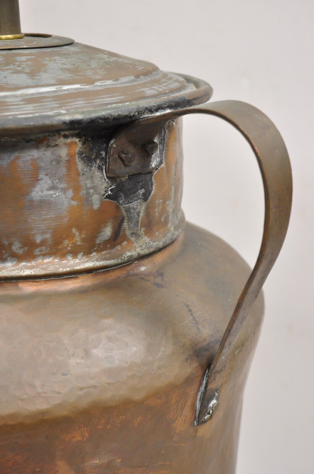 Antique Arts & Crafts Large Hand Hammered Copper Metal Twin Handle Milk Jug Lamp