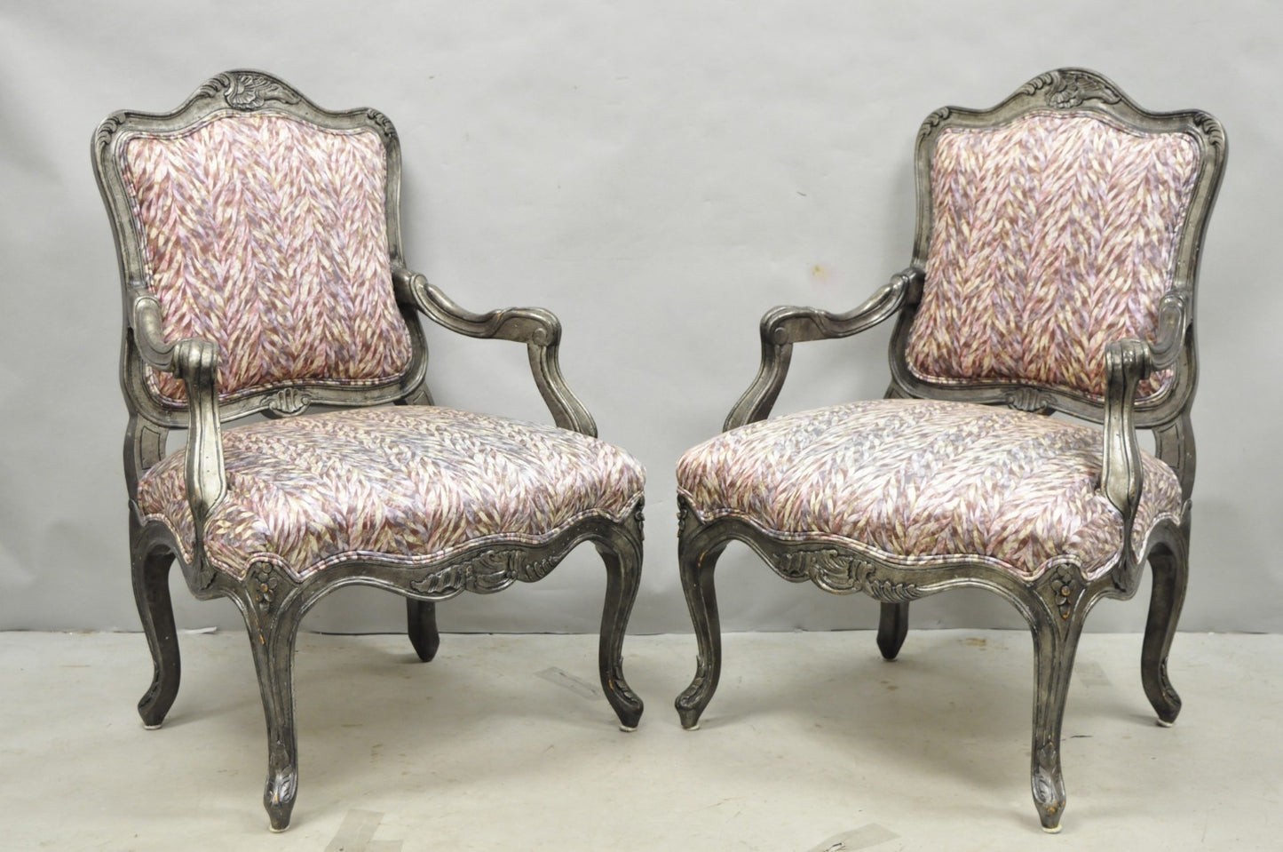 Vintage Italian Baroque Rococo Style Silver Leaf Gilt Lounge Arm Chairs - a Pair