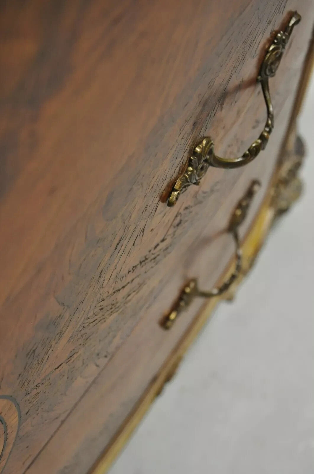 Antique French Louis XV Floral Satinwood Inlay Mahogany Chest Dresser & Mirror