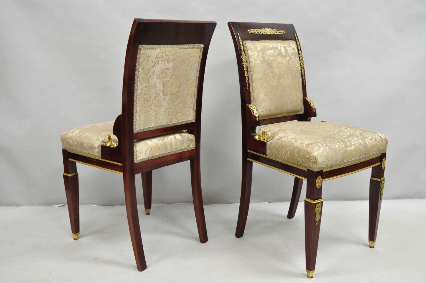 Vintage French Empire Mahogany Side Chairs with Bronze "Sphinx" Ormolu - a Pair