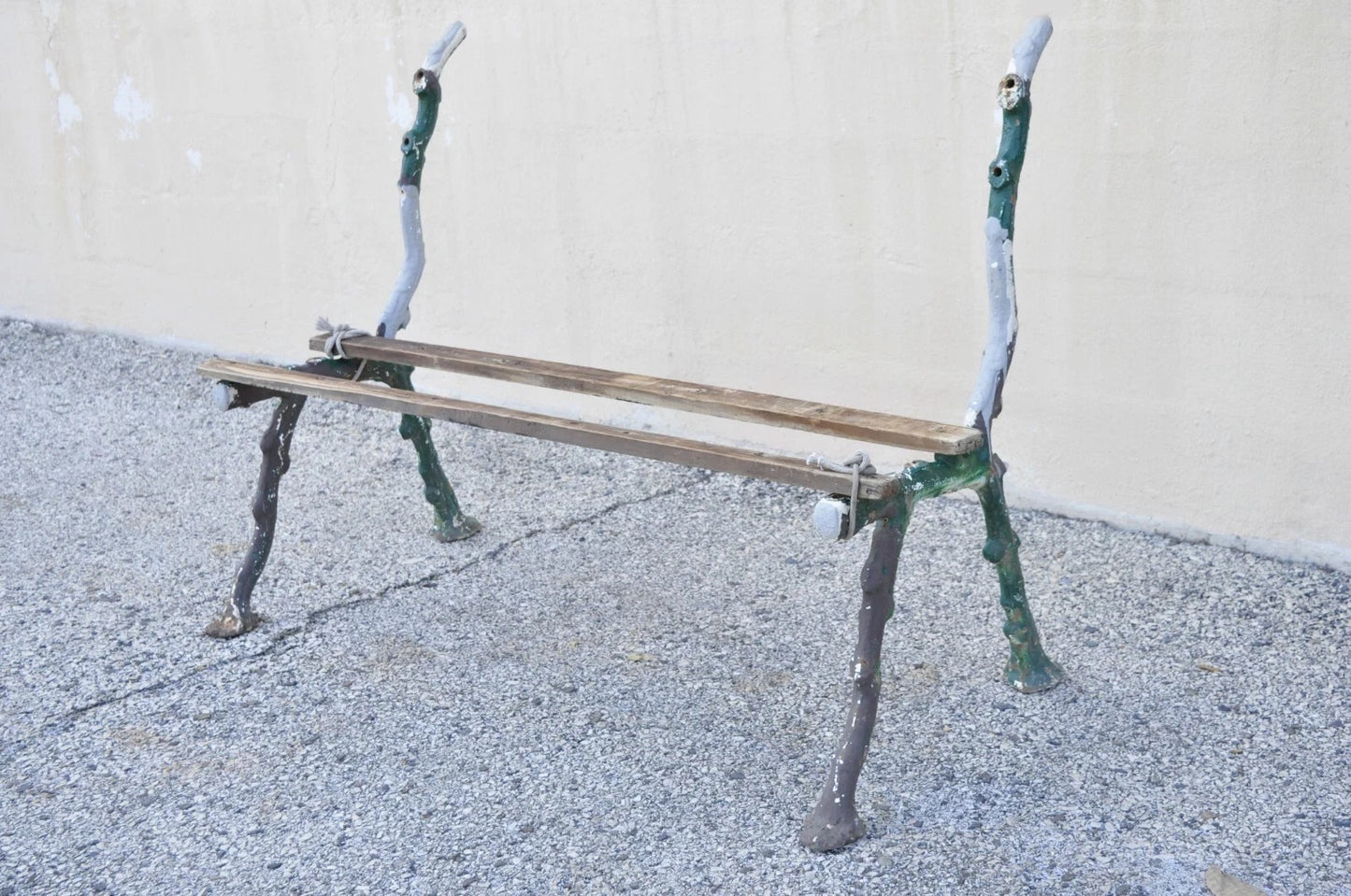 Antique Victorian Cast Iron Faux Bois Green Branch Twig Garden Bench Legs - Pair
