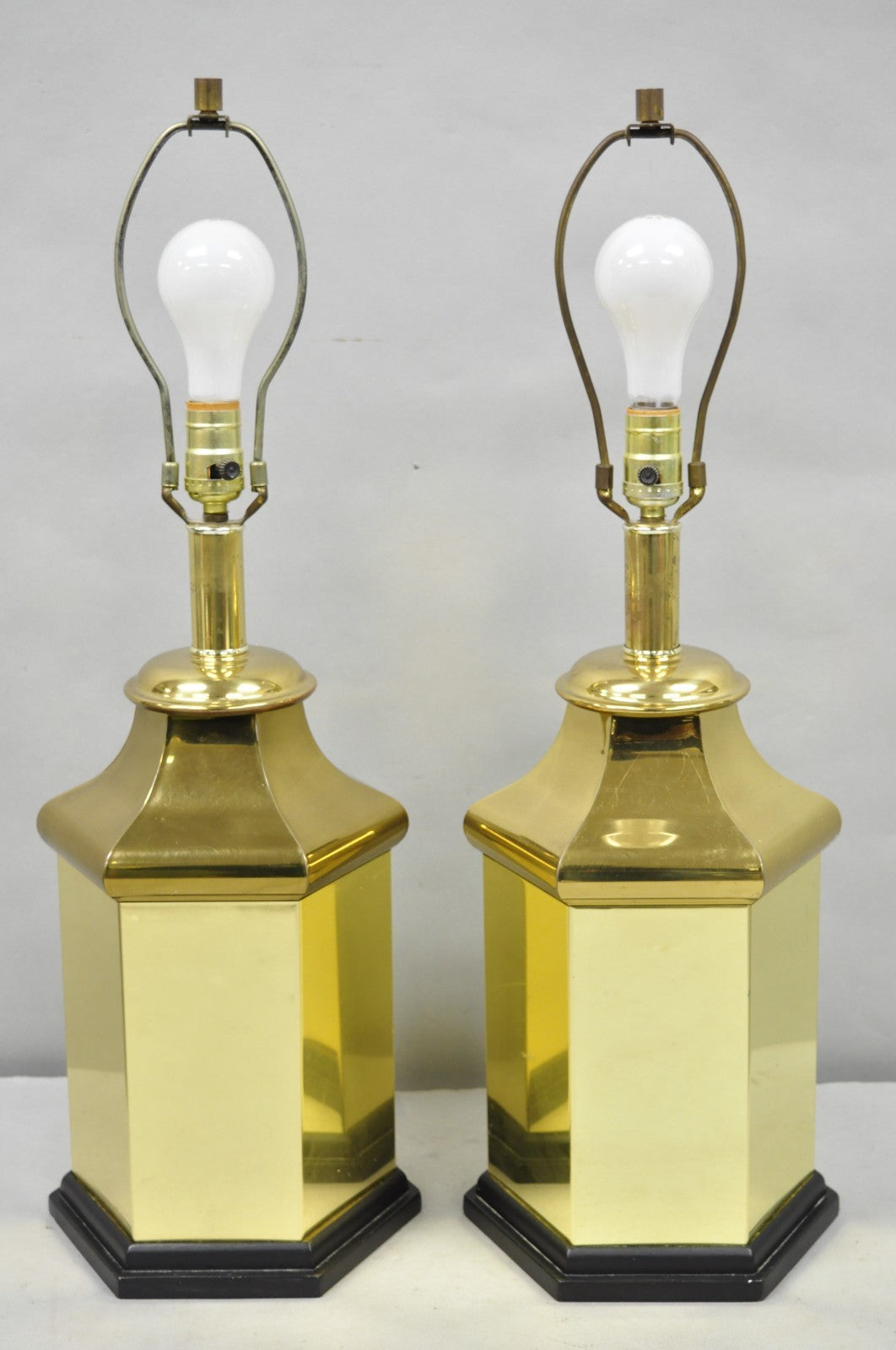 Vintage Chinoiserie Brass Hexagonal Oriental Ginger Jar Table Lamps - a Pair