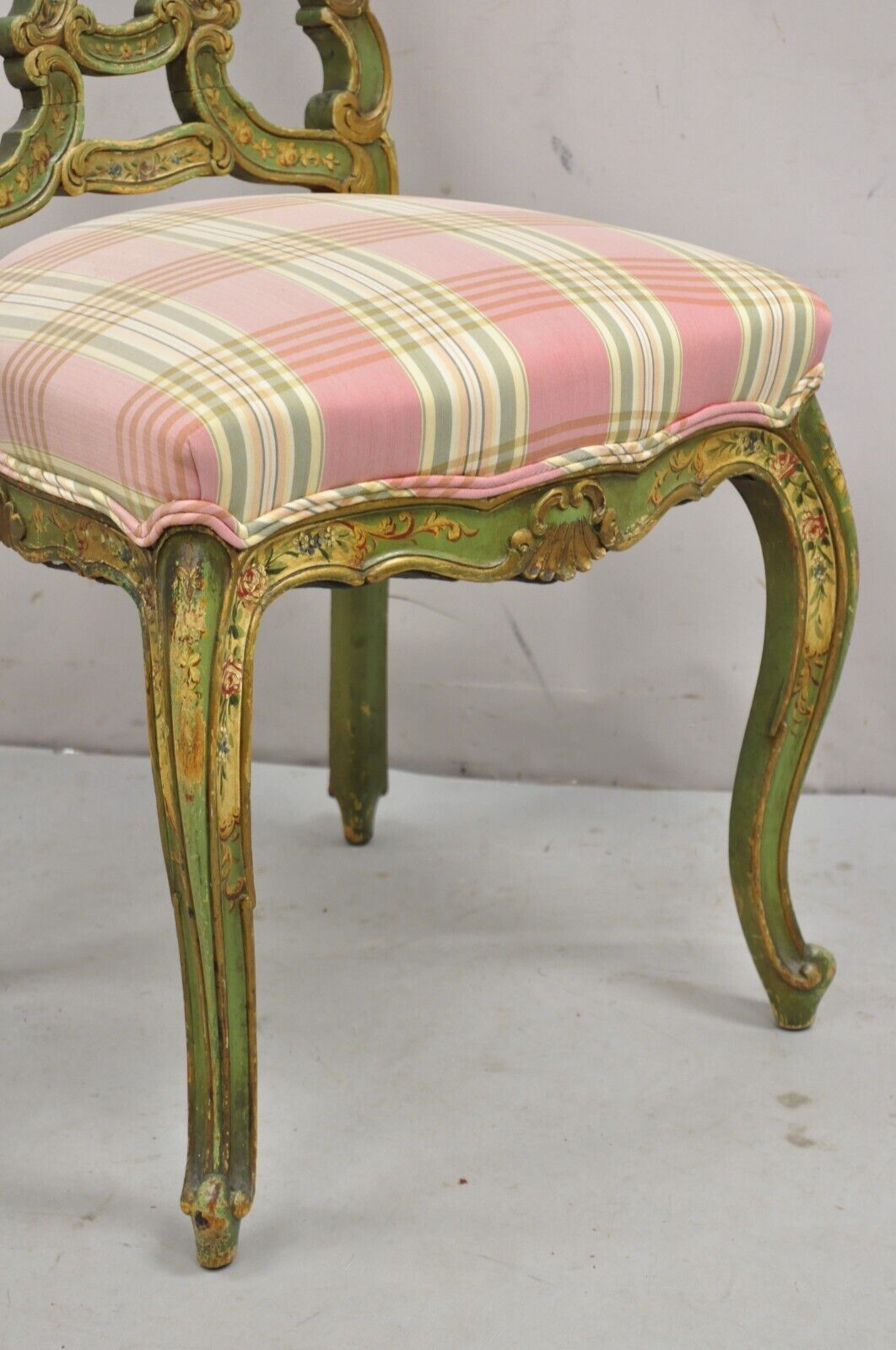 Antique Italian Venetian Green Floral Hand Painted Dining Side Chairs - Set of 4