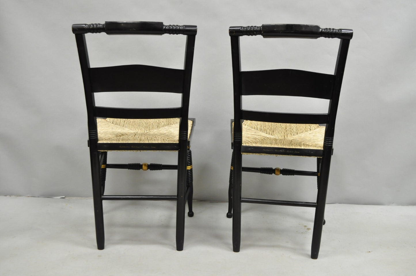 Vintage Nichols & Stone Hitchcock Harvest Stencil Painted Black Side Chair Pair