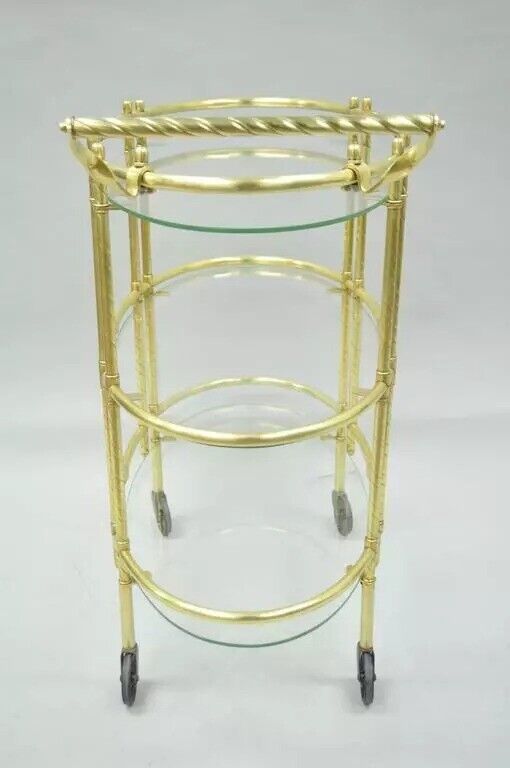 Mid Century Italian Modern Polished Brass & Glass Three Tier Oval Bar Tea Cart