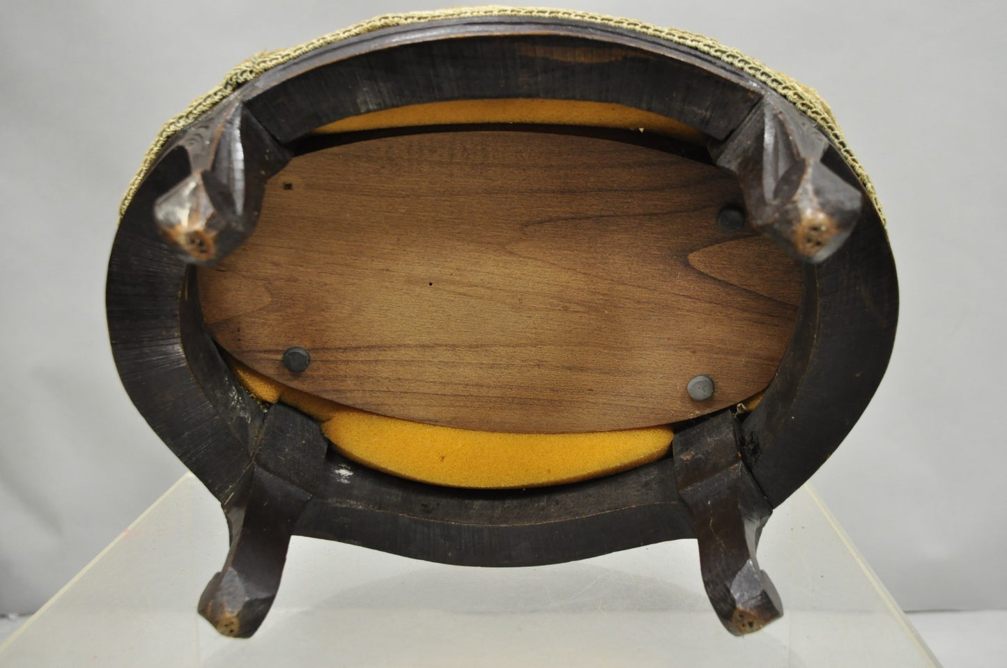 Antique French Country Provincial Oval Carved Walnut Petite Footstool Ottoman