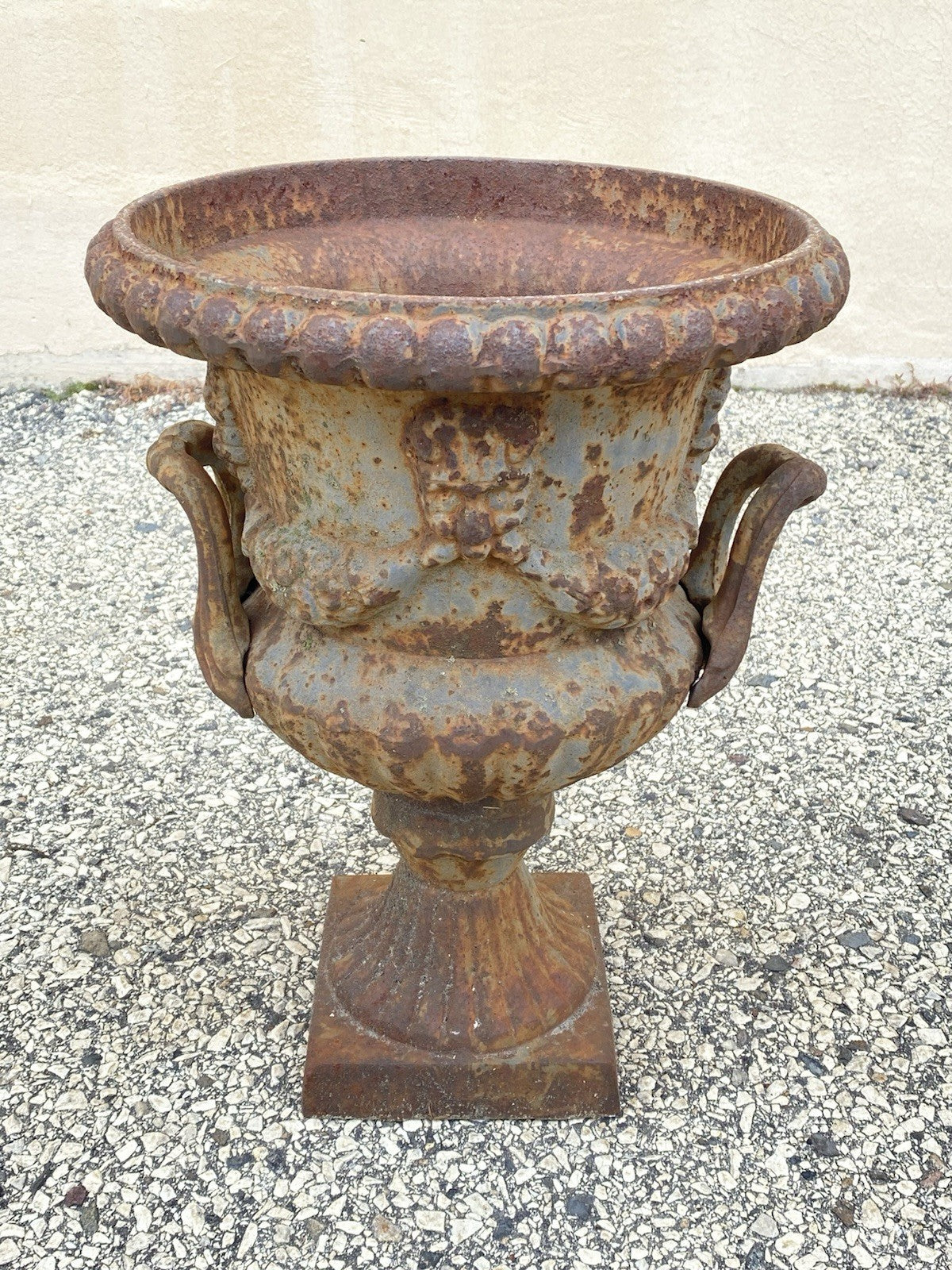 French Classical Style Cast Iron Urn Form 17" Garden Yard Planter Pot w/ Faces