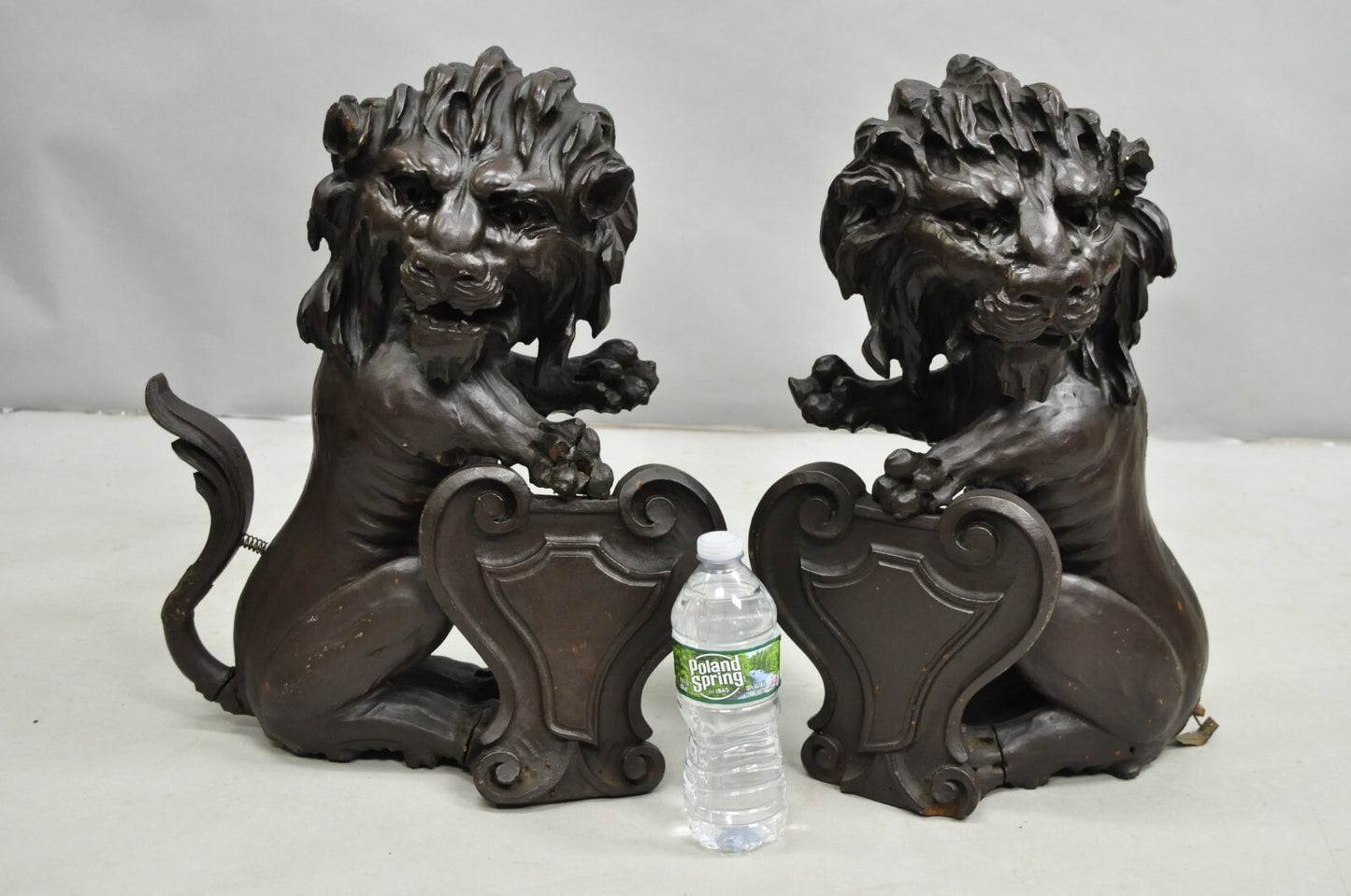 Antique Renaissance Revival Carved Oak Wood 20" Lion Architectural Elements Pair