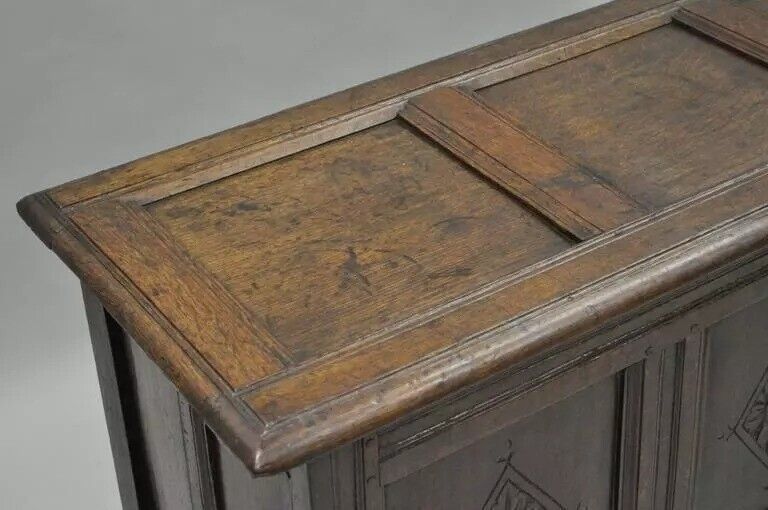 19th C. European Renaissance 3 Panel Solid Oak Wood Coffer Blanket Chest Trunk