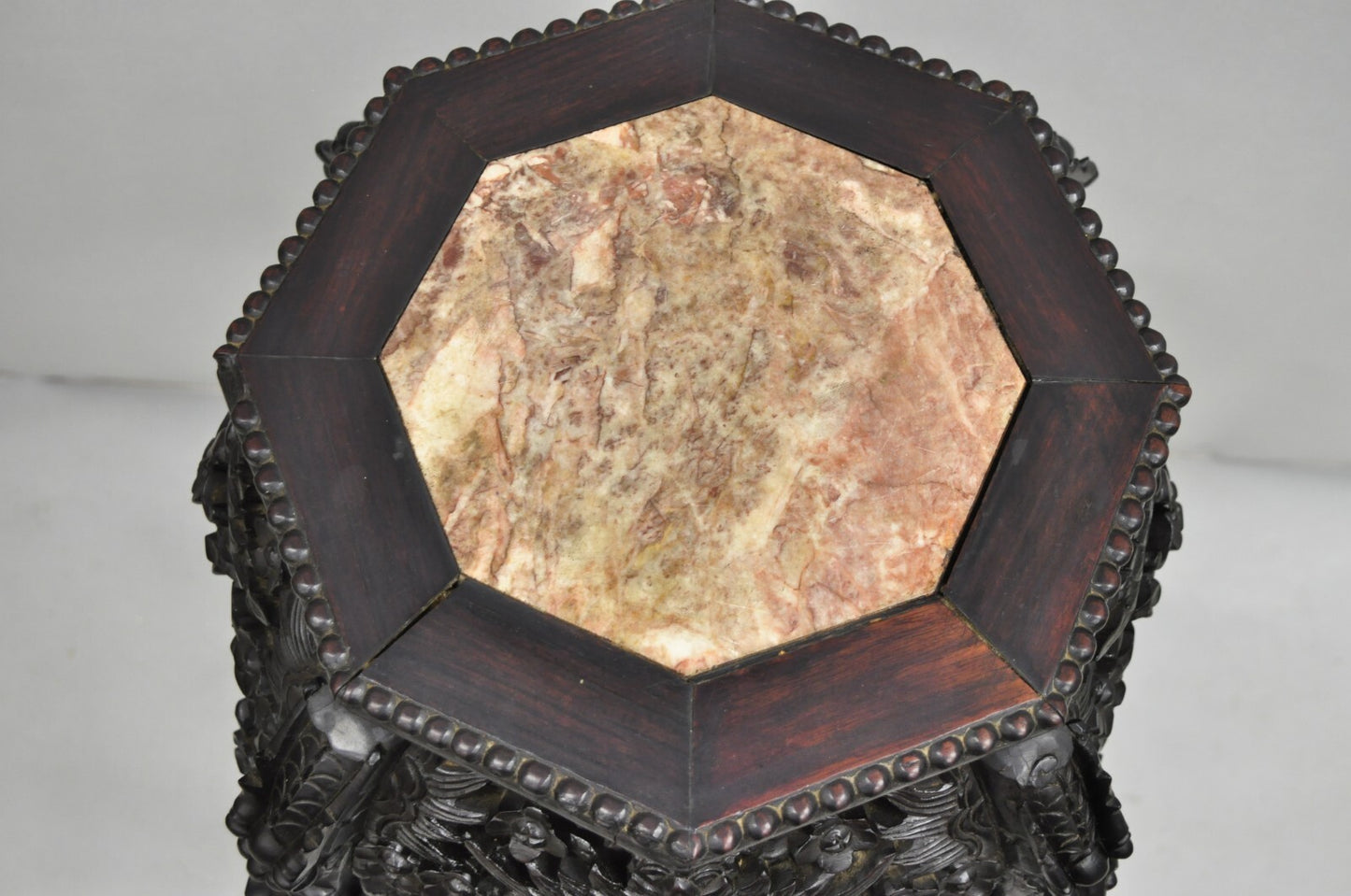 Antique Chinoiserie Chinese Carved Hardwood Marble Top 36" Pedestal Plant Stand