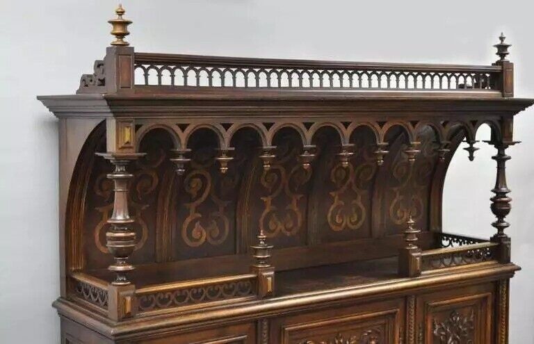 Gothic Renaissance Revival Carved Walnut Dragon Griffin Sideboard Buffet Cabinet