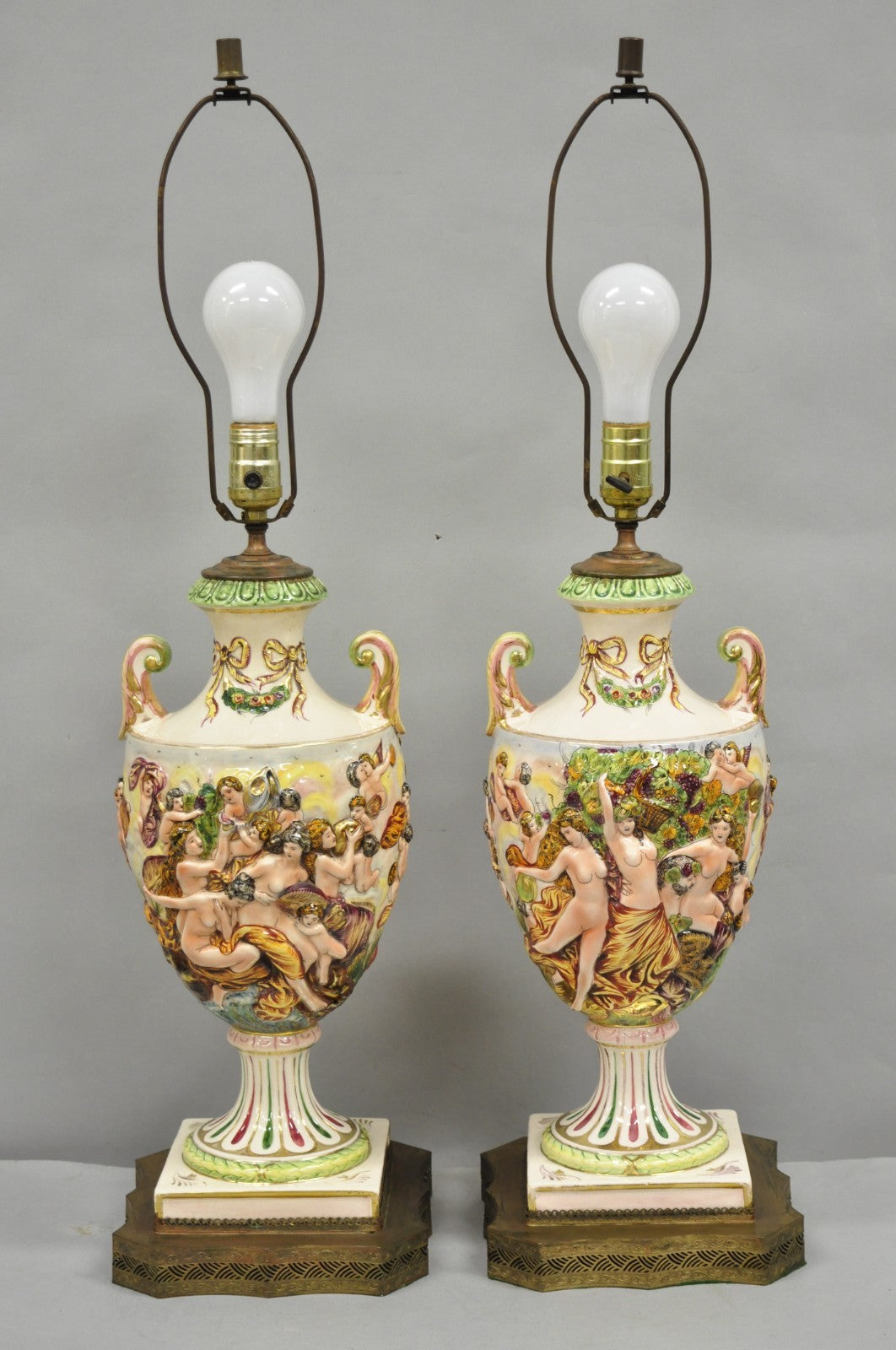 Antique Italian Capodimonte Ceramic Porcelain Figural Urn Table Lamps - a Pair