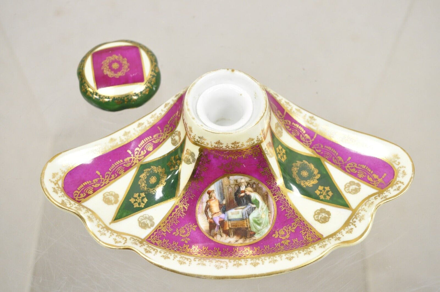 Antique Old Vienna Paris Porcelain Inkwell and Ink Blotter Desk Set - 2 Pc Set