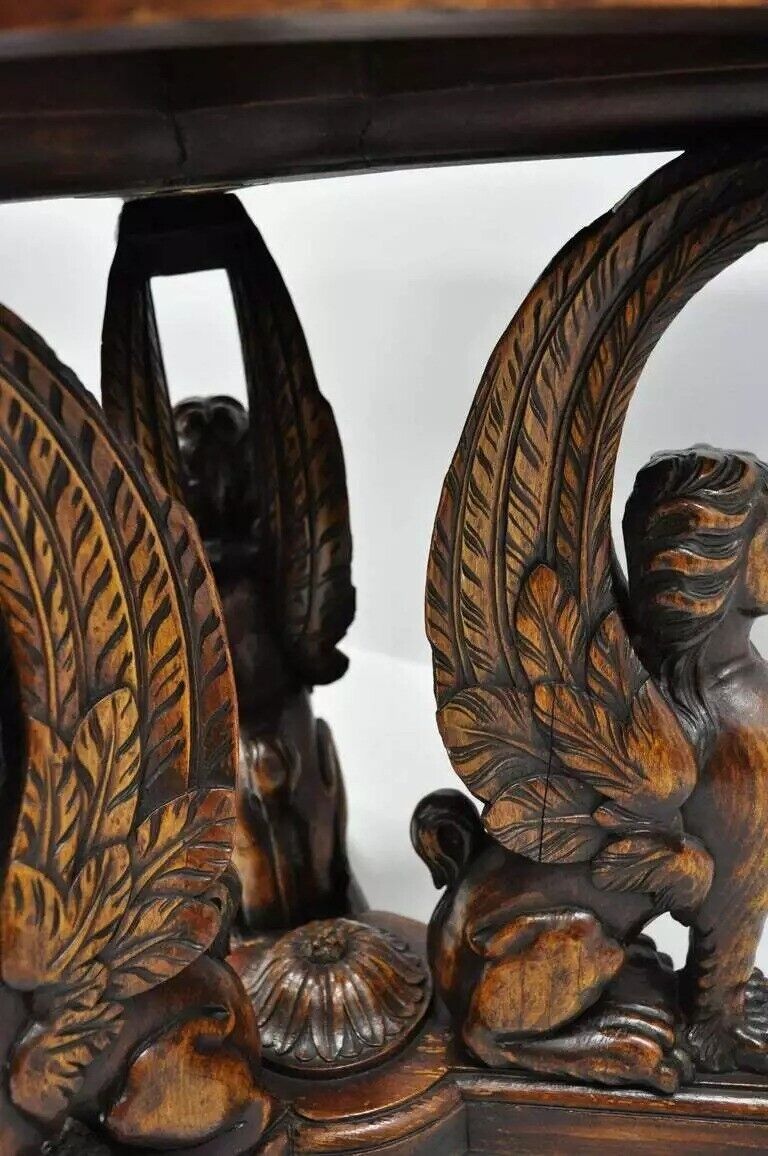 Antique French Renaissance Figural Walnut Winged Sphinx Resin Top Side Table
