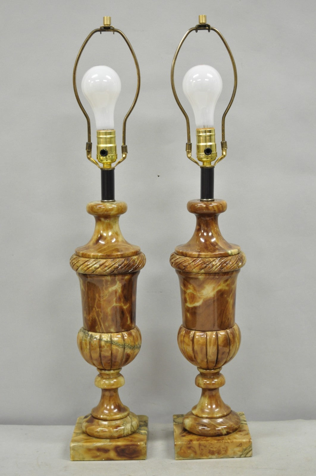 Vintage French Empire Style Polished Brown Marble Urn Form Table Lamps - a Pair