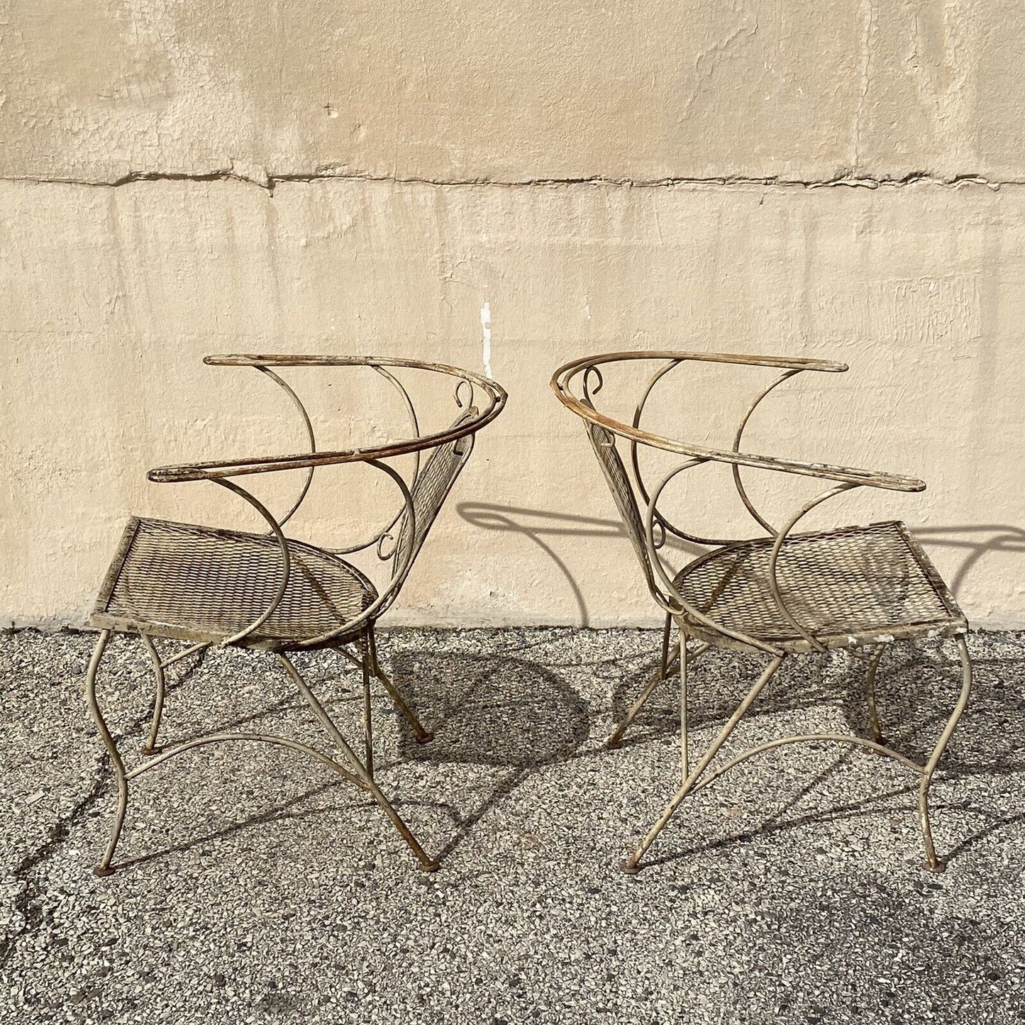 Vintage Mid Century Wrought Iron Barrel Back Garden Patio Dining Chairs - A Pair