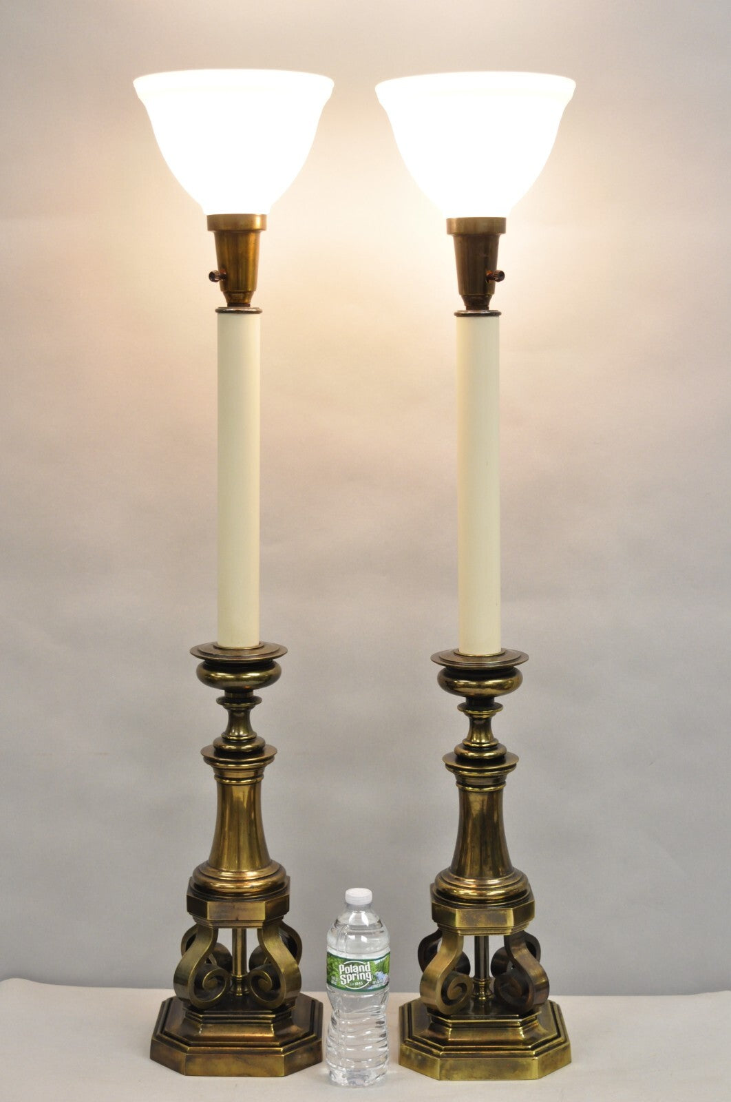 Vintage Hollywood Regency Burnished Brass Tall Candlestick Table Lamps - a Pair