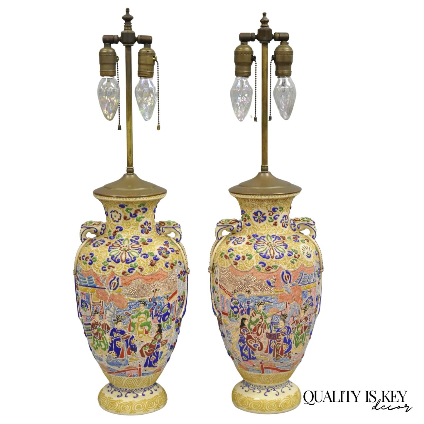 Antique Chinese Porcelain Painted Applied Scene Satsuma Vase Table Lamps - Pair