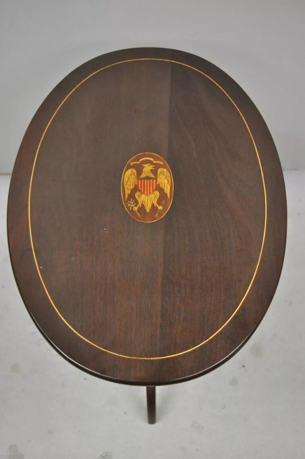 Antique Federal Sheraton Mahogany Eagle Shield Flag Inlay Tilt Top Lamp Table