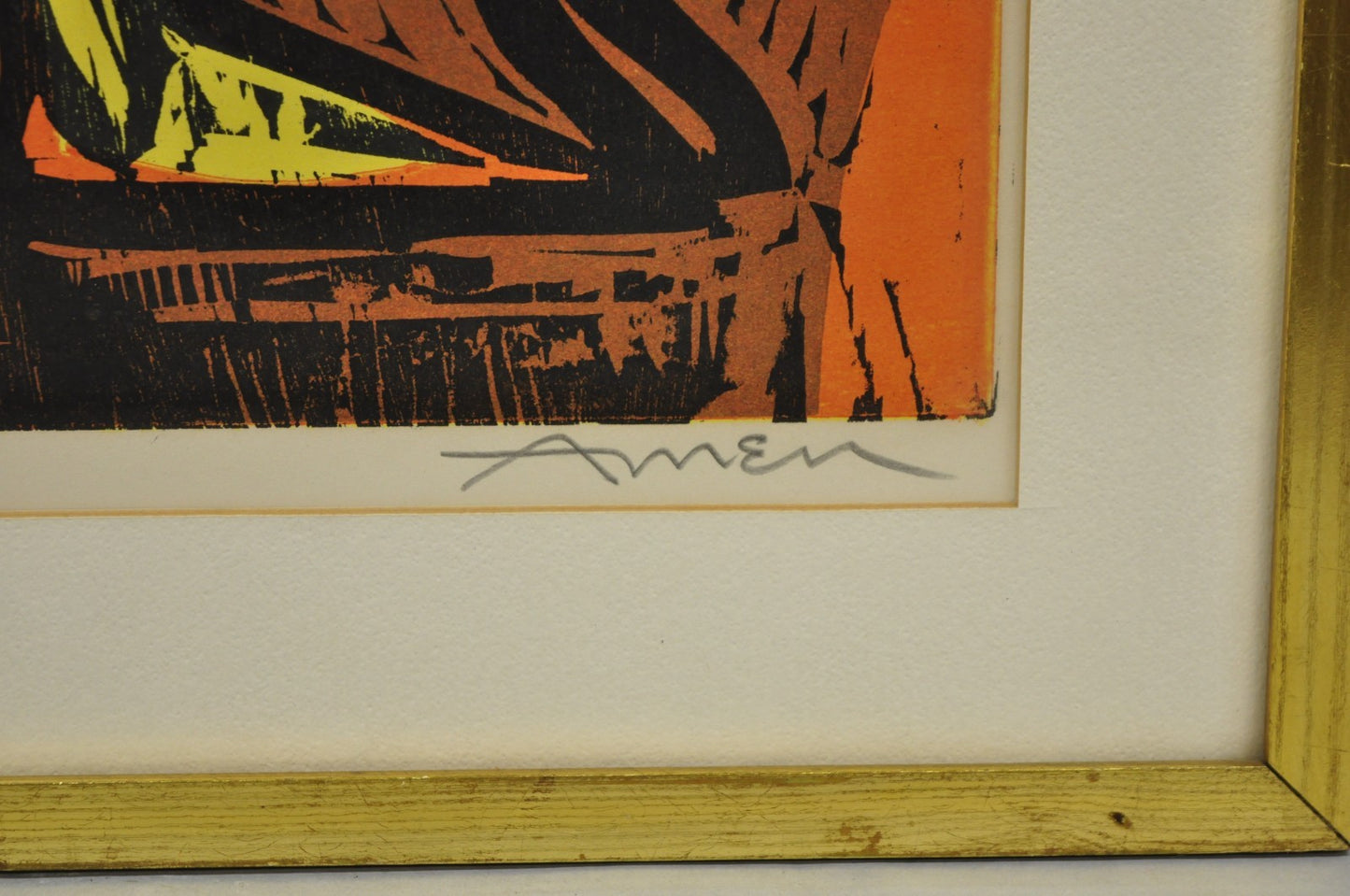 Vintage Irving Amen "Flute Player and Dog" Woodblock Print Judaica Art, Signed