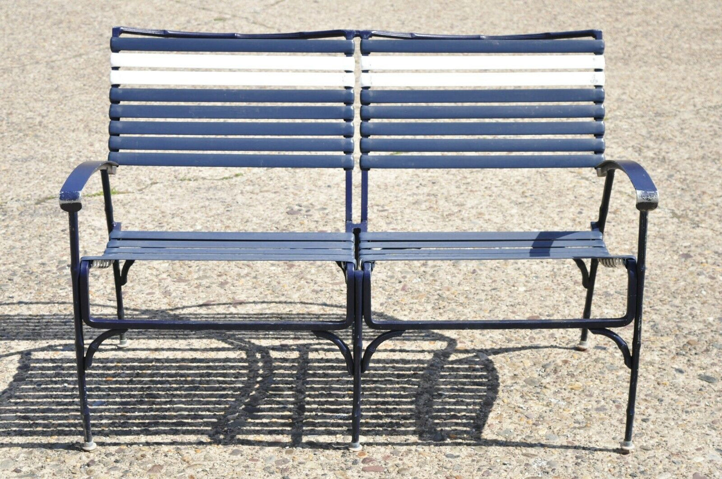Vintage Faux Bamboo Aluminum Vinyl Strap Blue Garden Patio Loveseat Settee