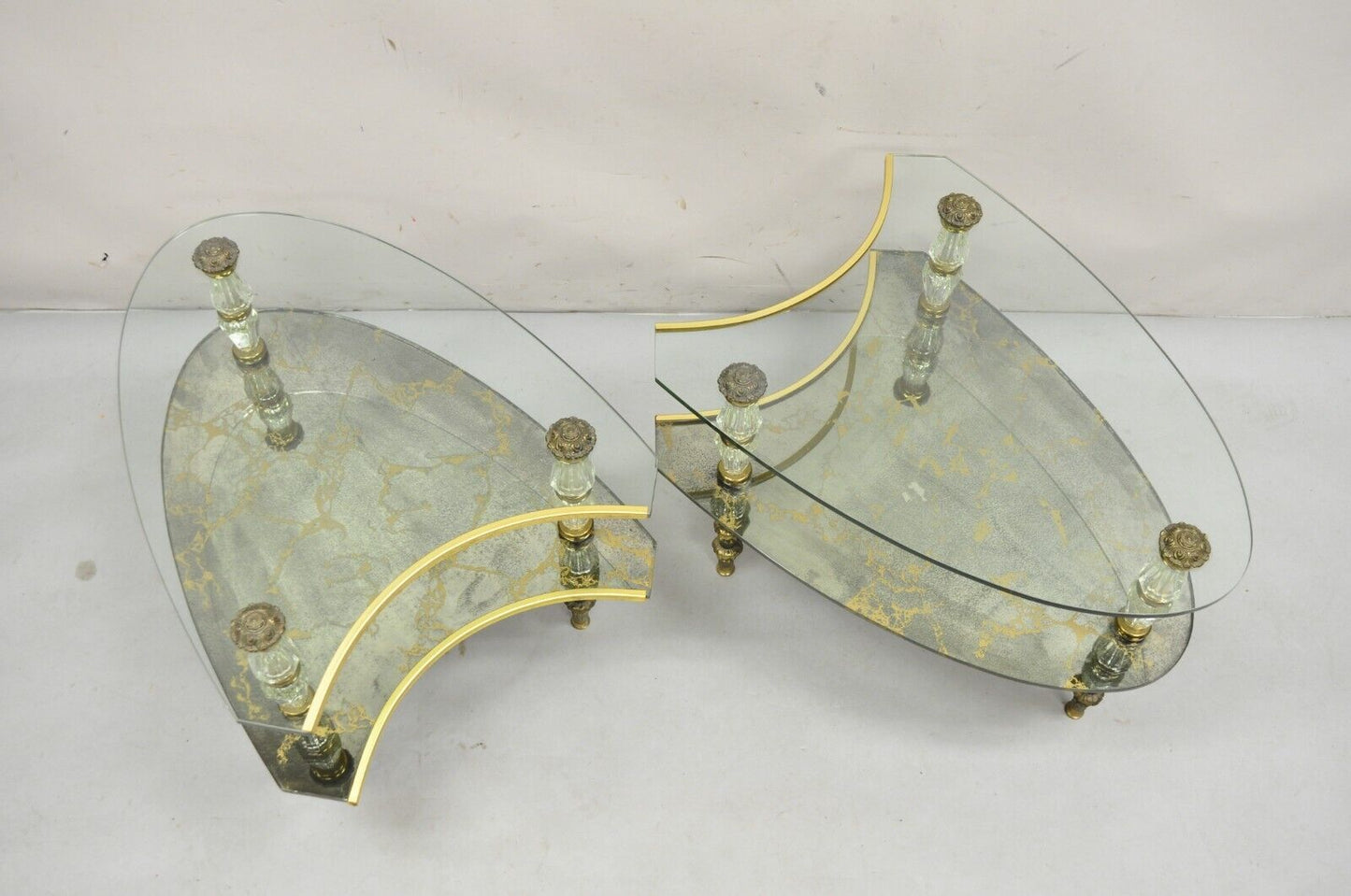 Vintage Hollywood Regency Two Tier Italian Églomisé Glass Side Tables - a Pair