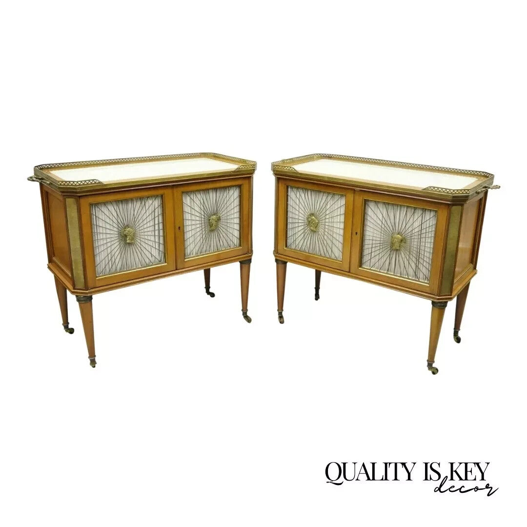 French Neoclassical Regency Mahogany & Bronze Bar Server Cabinet Tables - Pair