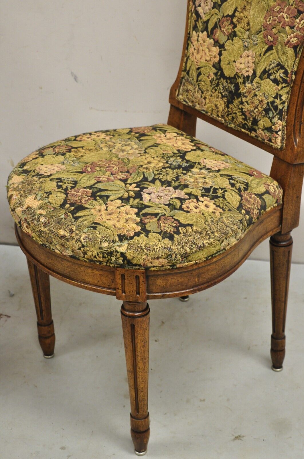 Vintage French Provincial Louis XVI Style Walnut Upholstered Side Chairs - Pair