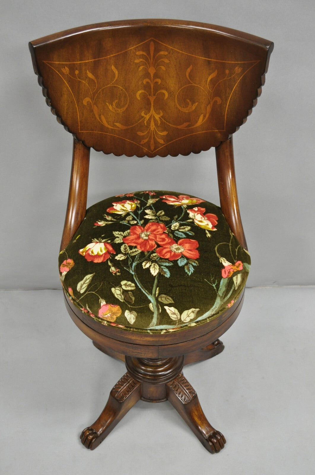 Antique French Empire Regency Inlaid Mahogany Swivel Piano Harpist Stool Chair