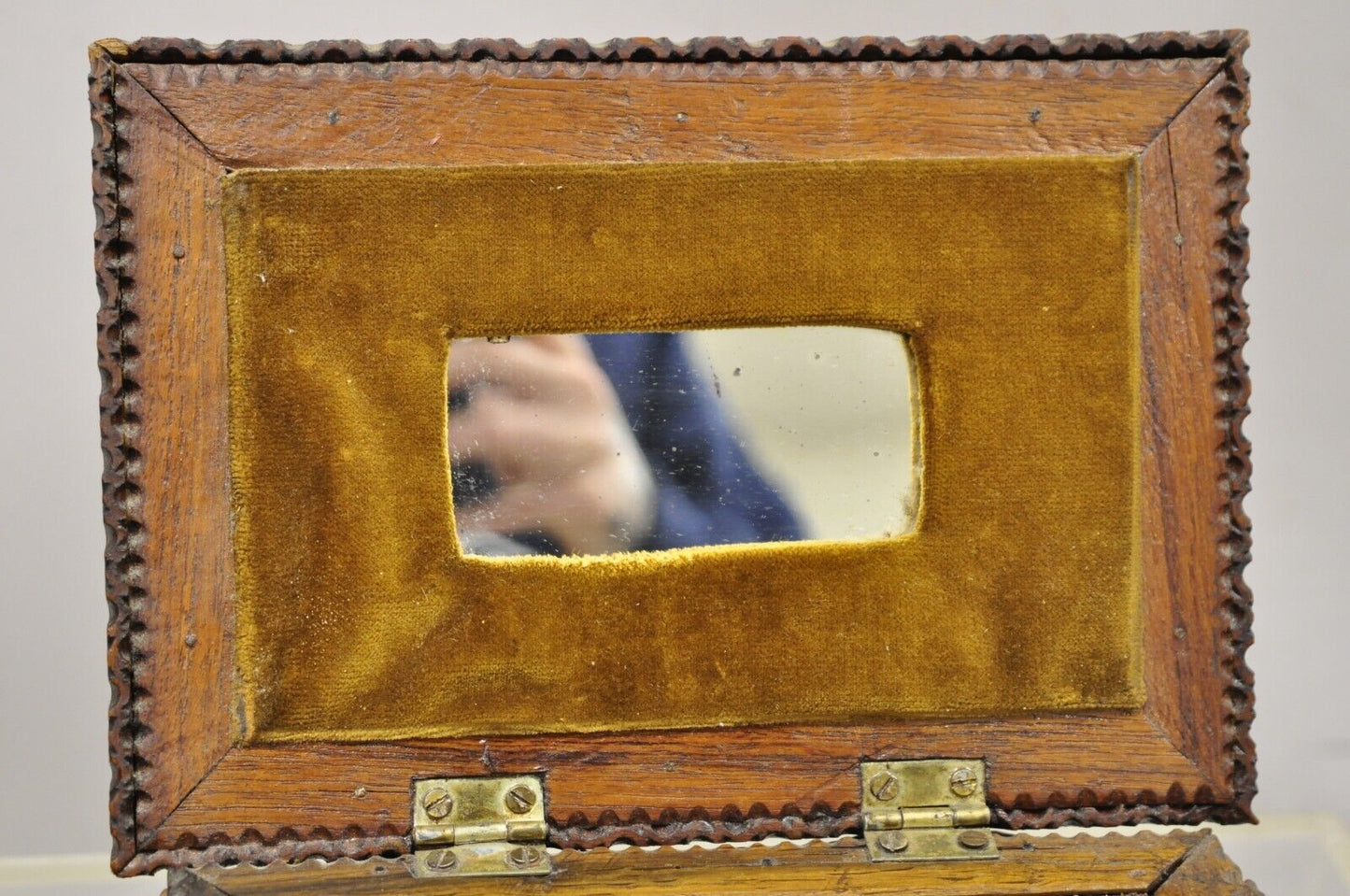 Antique Tramp Art Diamond 2 Tier Hinged Wood Jewelry Presentation Box