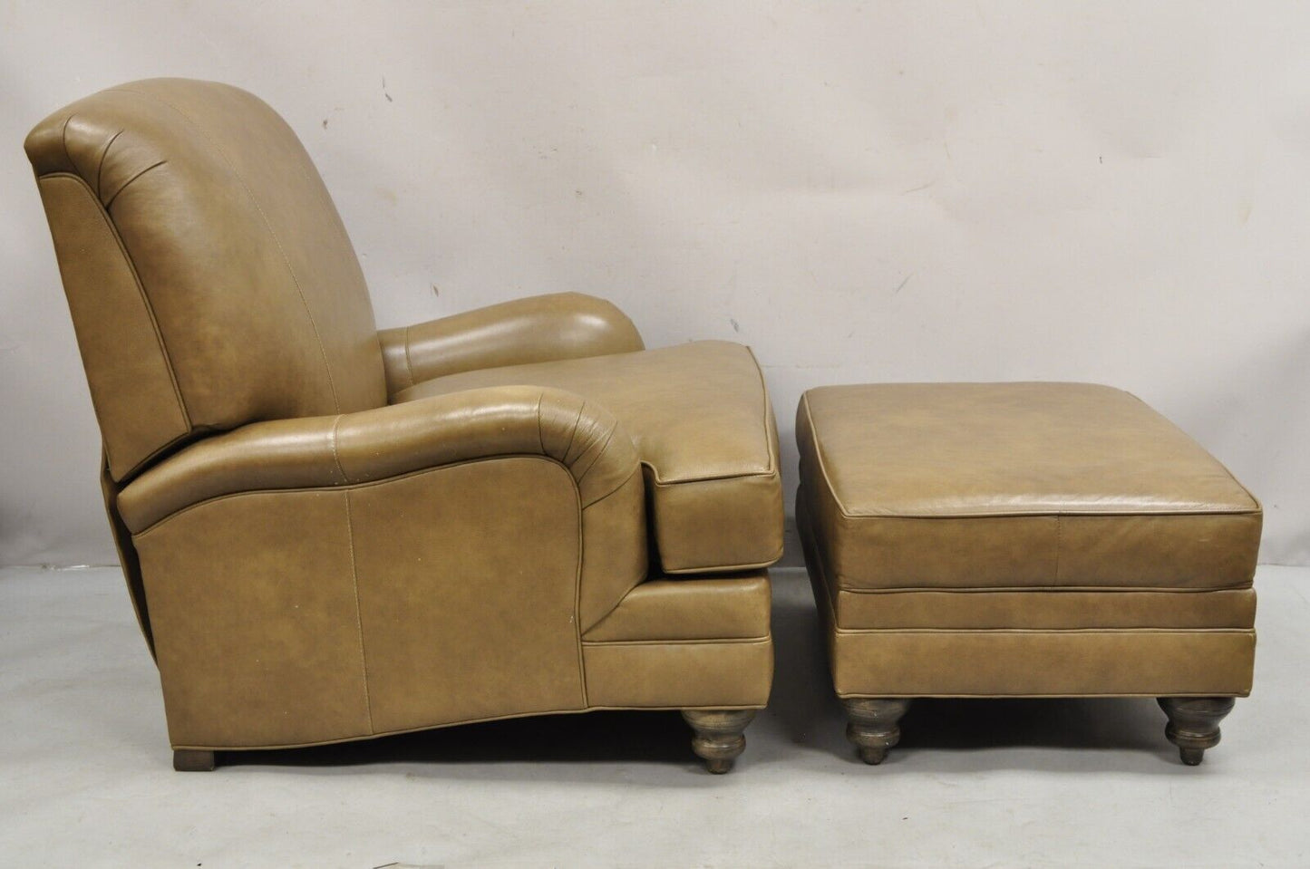 Ethan Allen Oxford Leather Brown Recliner Club Lounge Chair and Ottoman - 2 Pcs