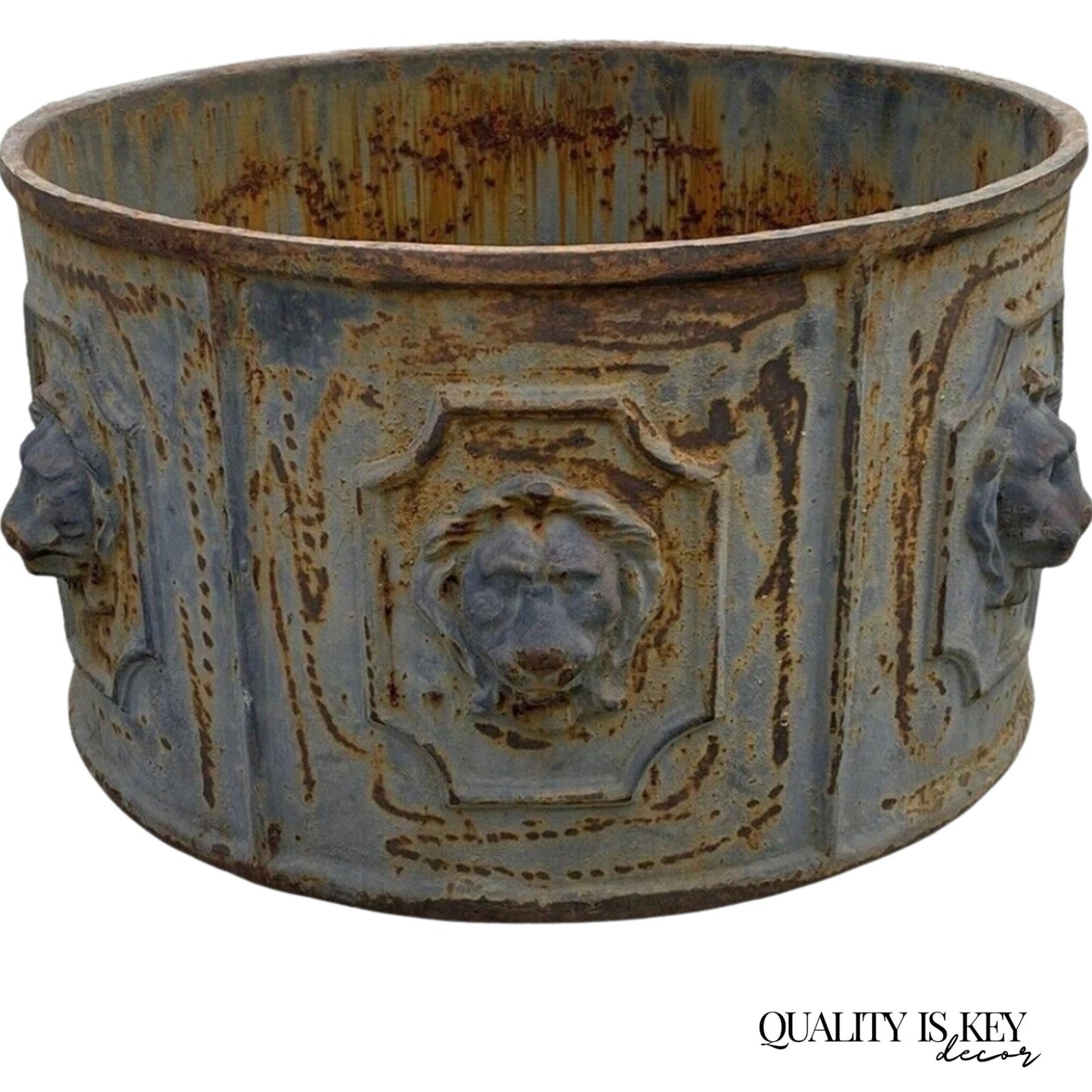 Vintage English Regency Cast Iron 20" Round Lion Heads Gray Garden Planter Pot
