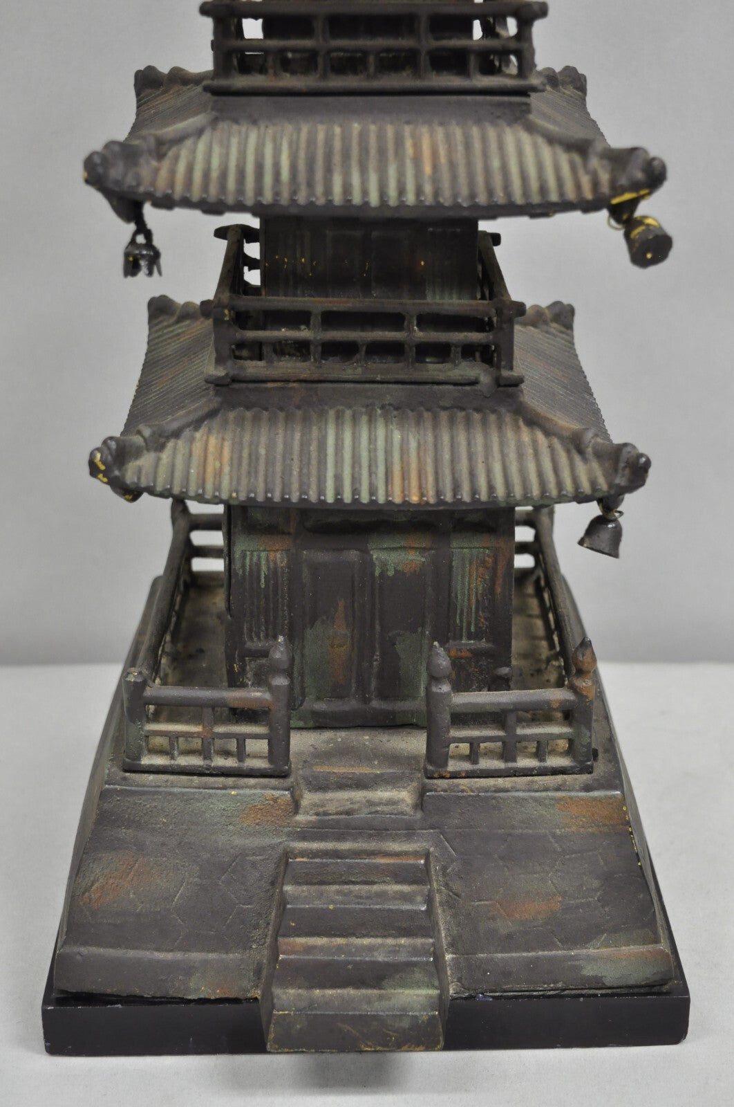 Vintage Chinoiserie Cast Iron Chinese Buddhist Pagoda Temple Table Lamp