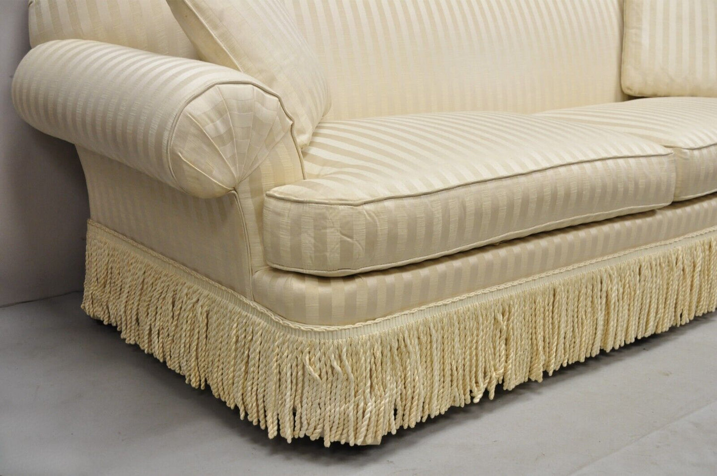 Ethan Allen Contemporary Rolled Arm Gold Striped Upholstered Sofa with Skirt