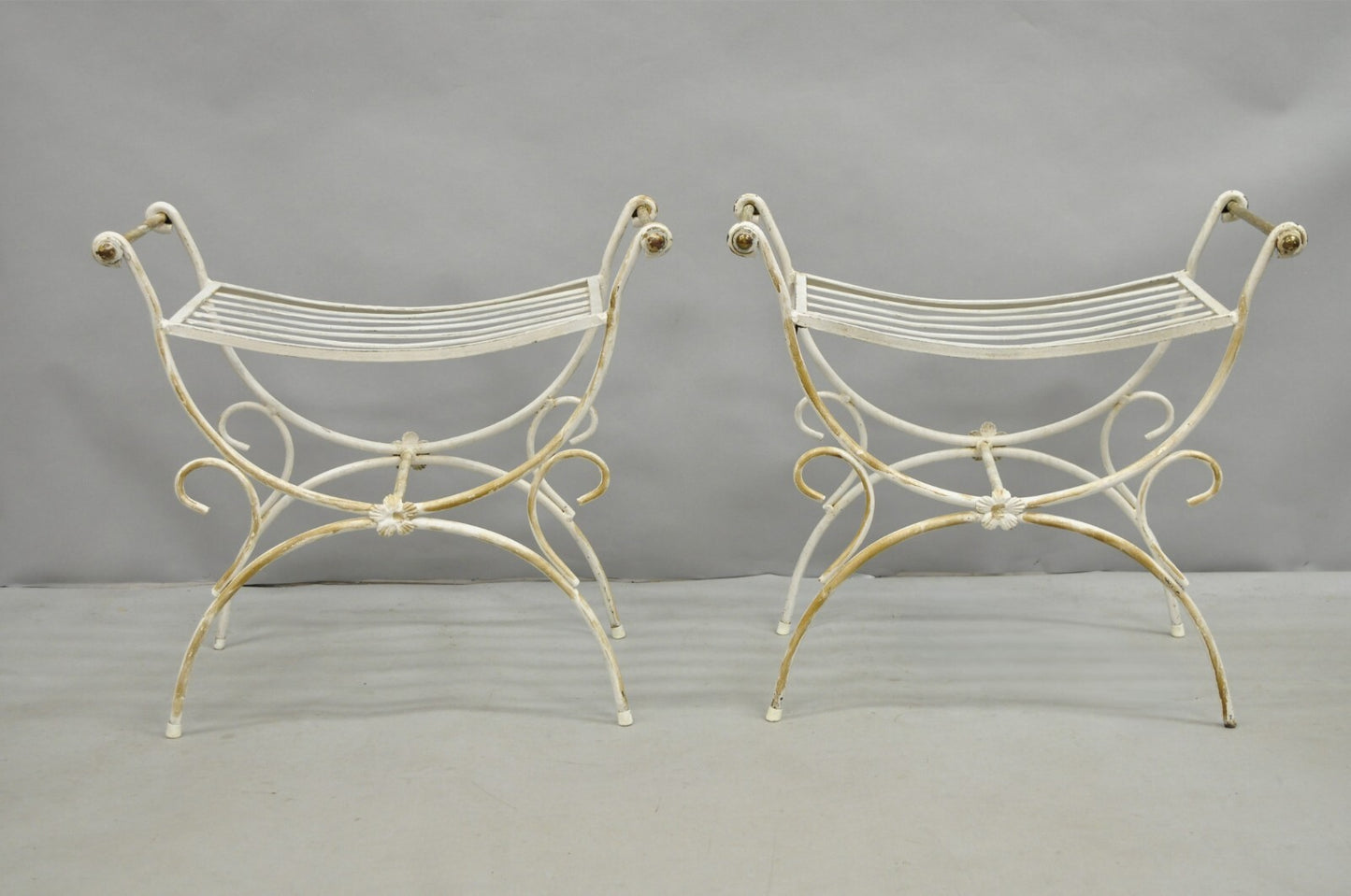 Vintage Italian Regency Wrought Iron & Brass Curule X Frame Stool - a Pair