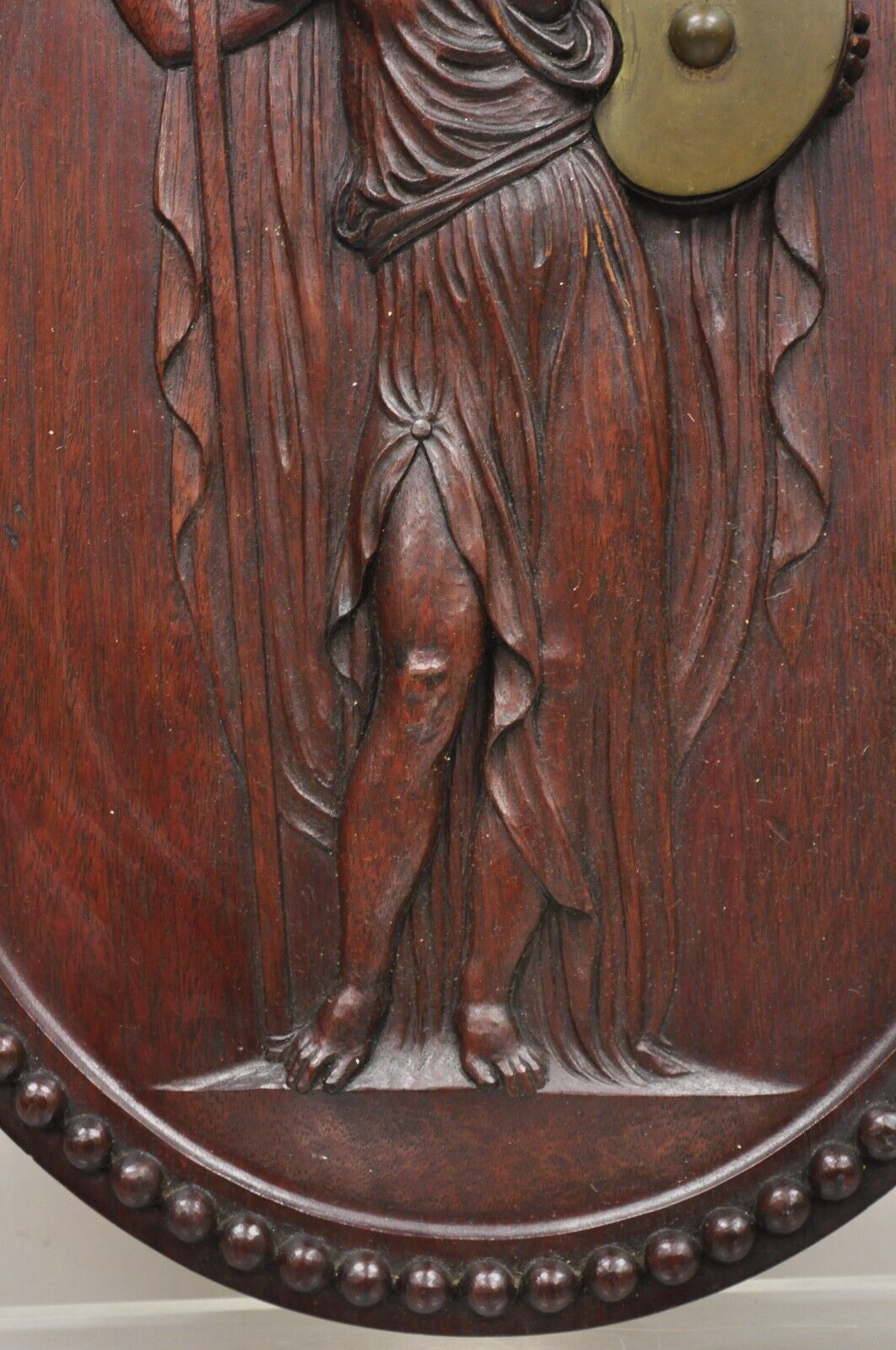 Antique Classical Oval Carved Mahogany Figural Goddess Wall Sculpture Plaque