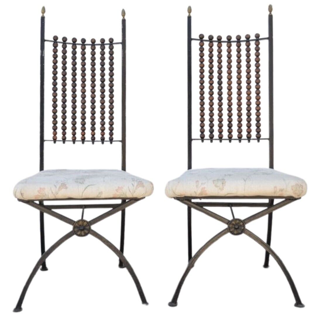 Hollywood Regency Wood Ball Abacus Wrought Iron Curule Dining Chairs - Set of 4