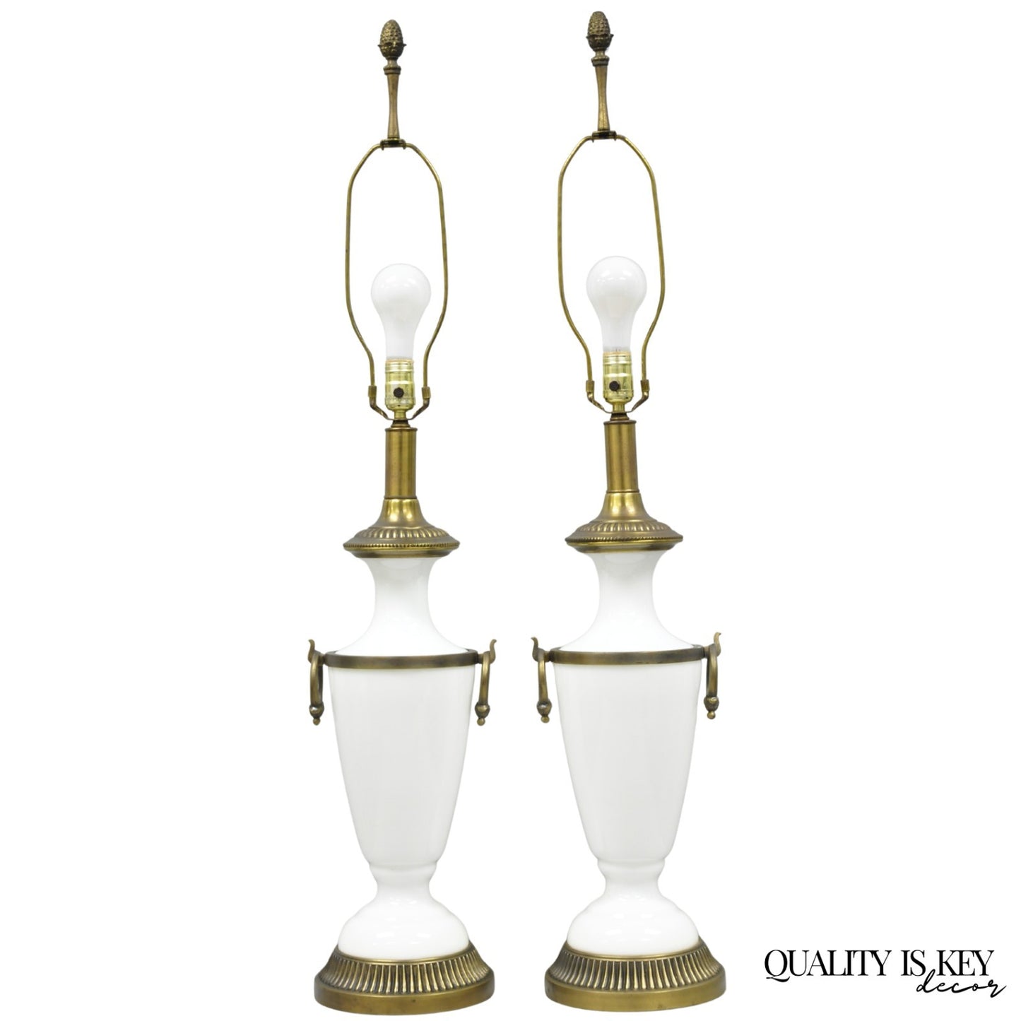 Vintage French Neoclassical White Milk Glass Urn Table Lamp by Paul Hanson, Pair