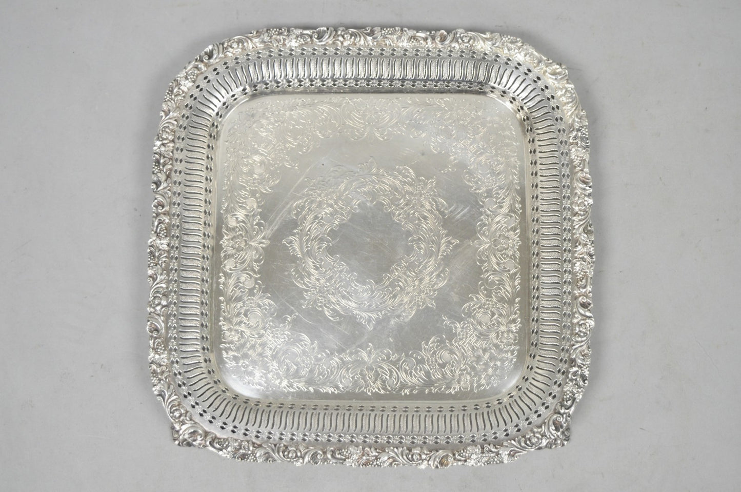 Vintage International Silver Victorian Repousse Pierced Gallery Square Bar Tray