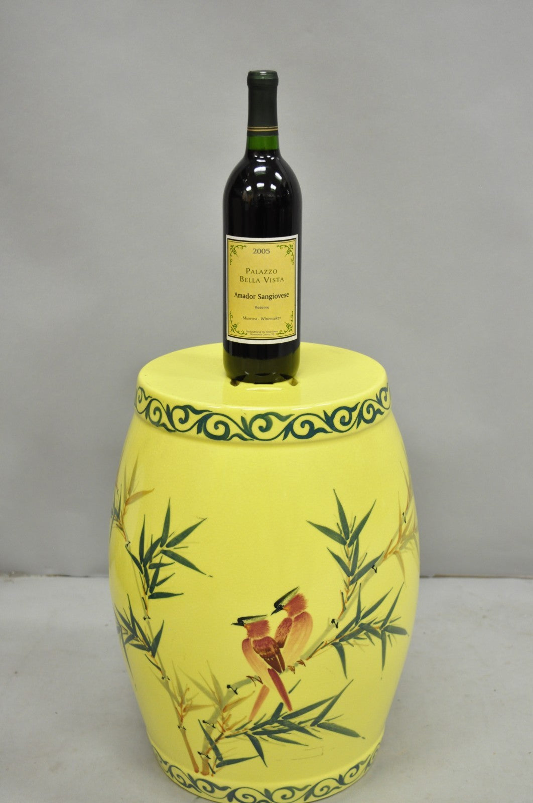 Vintage Chinese Chinoiserie Yellow Porcelain Ceramic Garden Seat w Painted Birds