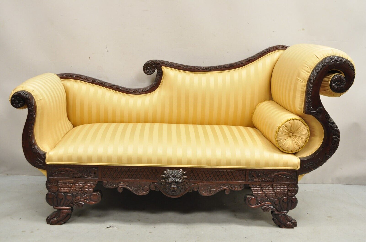 Antique American Empire Figural Carved Mahogany Recamier Gold Chaise Lounge Sofa
