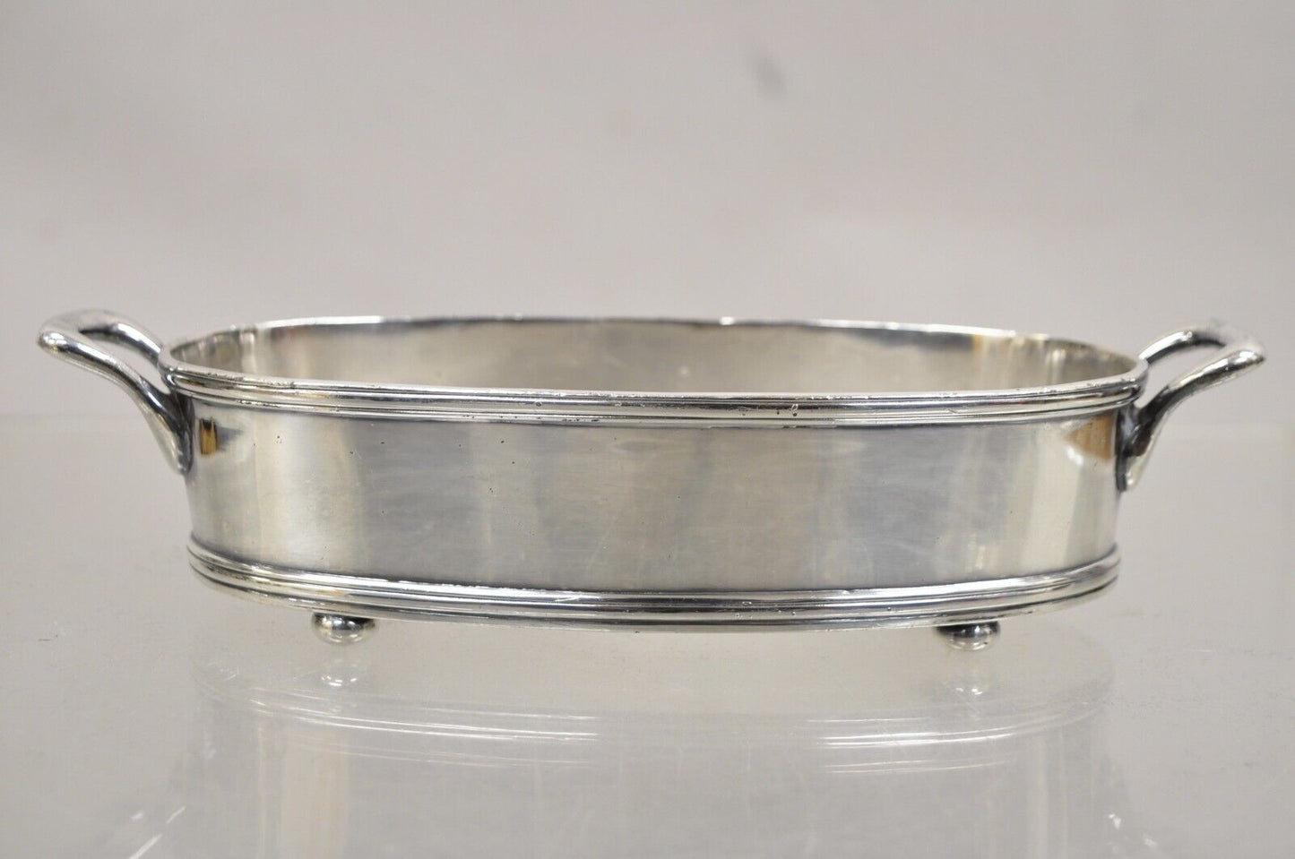 Antique English Edwardian Small Oval Silver Plated Desk Trinket Dish w/ Handles