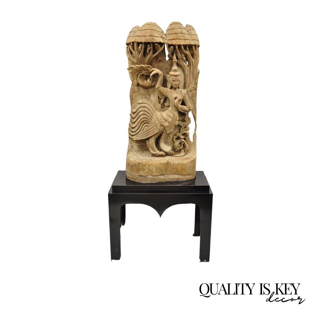 Vintage Burmese Carved Wood Oriental Large Figural Statue Sculpture on Base