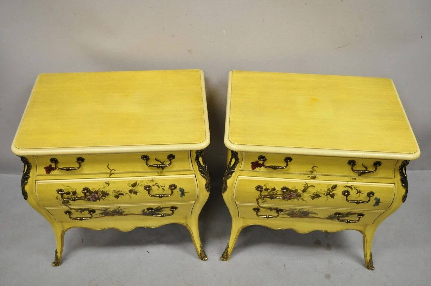 Vintage Chinoiserie French Louis XV Yellow Painted 3 Drawer Nightstands - a Pair