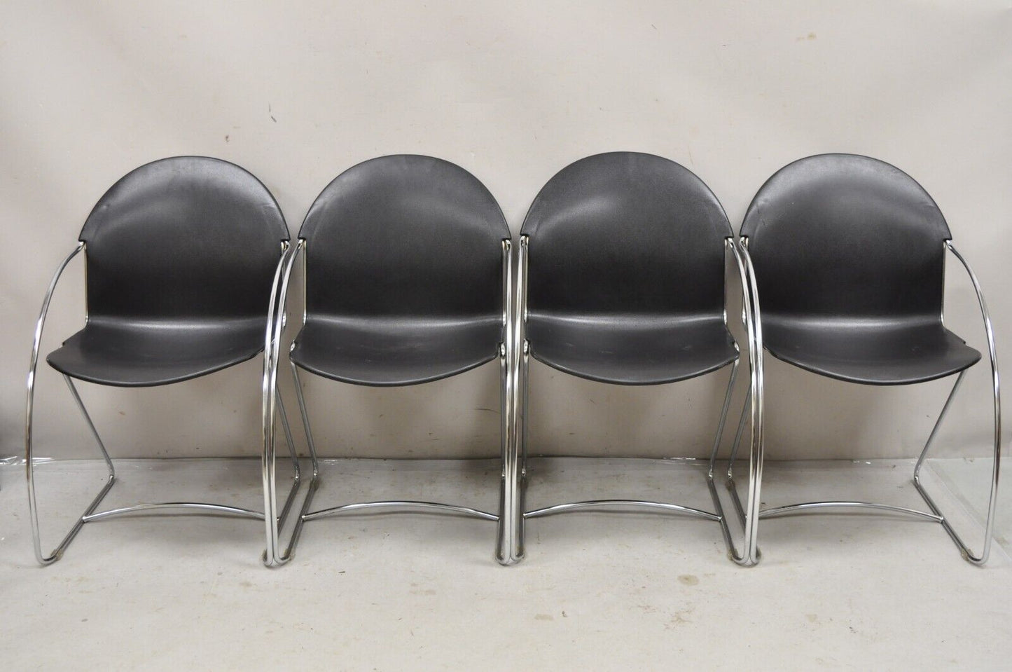 Steelcase Tom Grasman Chrome Frame Black Molded Plastic Stackable Chair Set of 4
