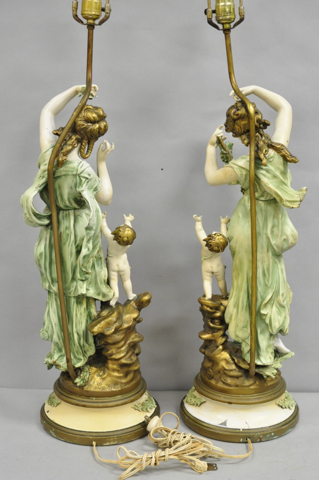 Antique French L&F Moreau Painted Metal Figural Mother & Child Table Lamps Pair