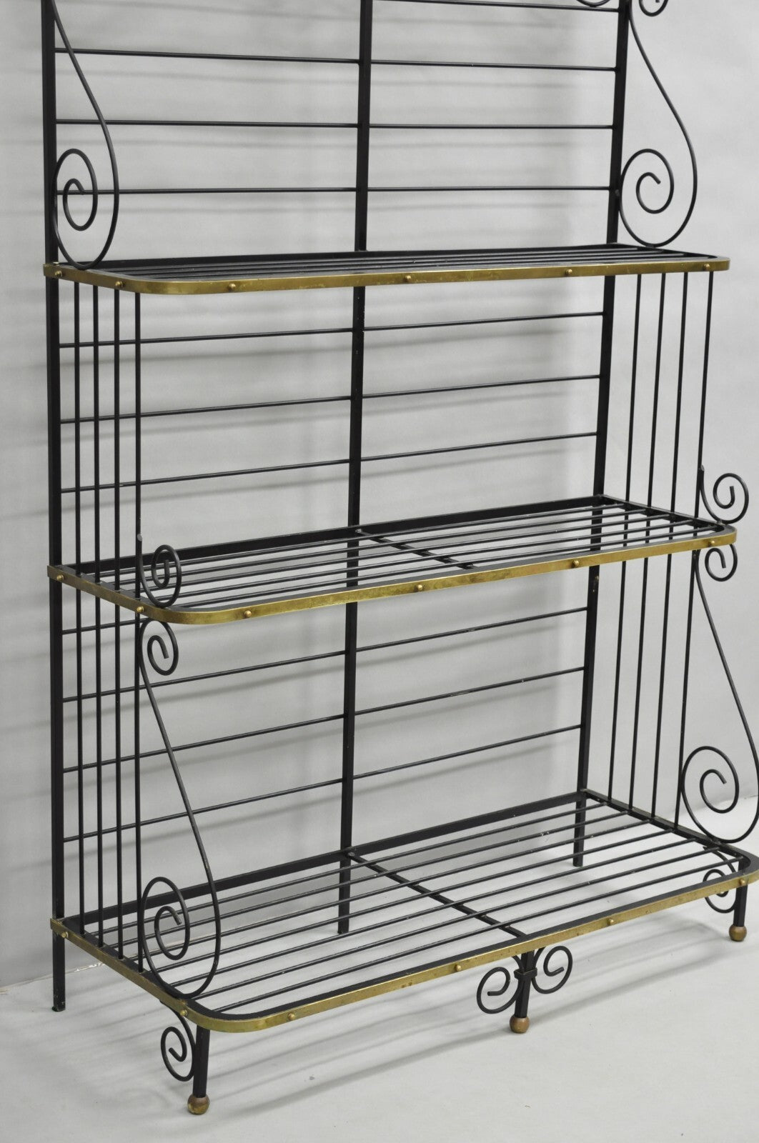 Vintage French Bakers Rack 3 Tier Scrolling Wrought Iron and Brass Etagere