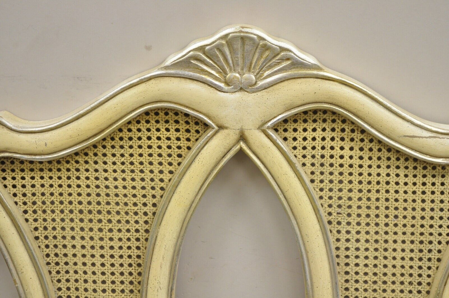 Vintage French Provincial Hollywood Regency Cream Painted Cane King Headboard